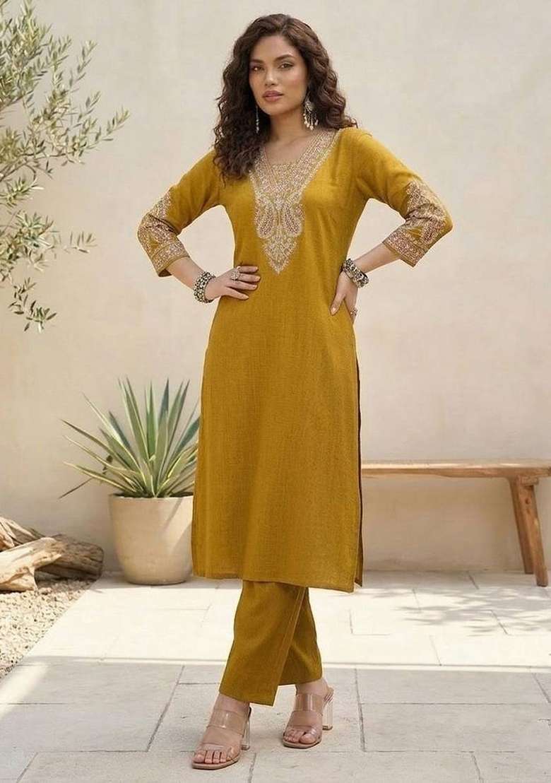 Mustard Embroidery Silk Kurta Set - Indya