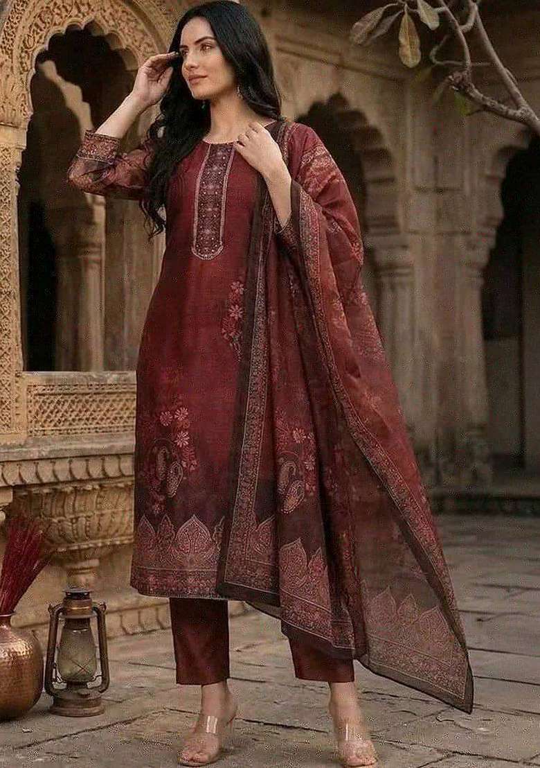 Maroon Printed Silk Kurta Set - Indya