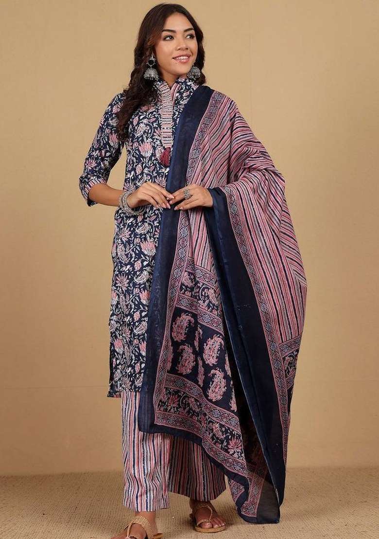 Navy Blue Printed Cotton Kurta Set - Indya
