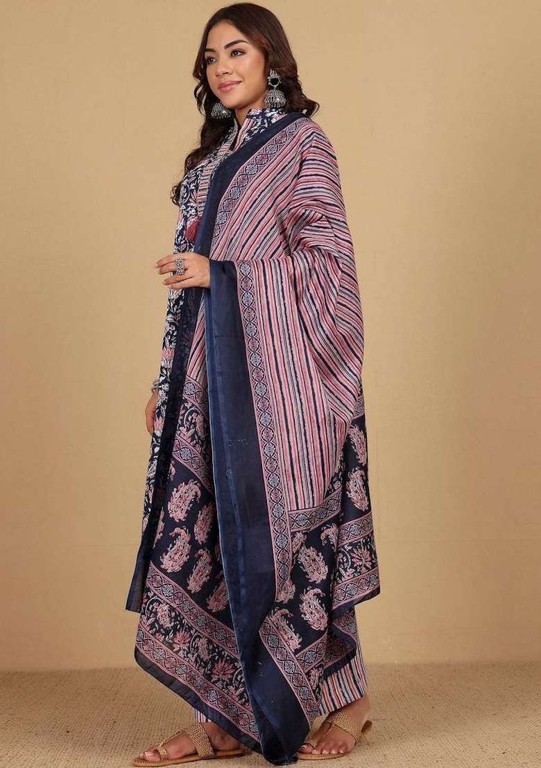 Navy Blue Printed Cotton Kurta Set - Indya