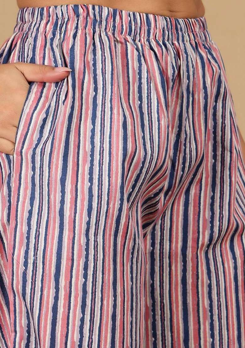 Navy Blue Printed Cotton Kurta Set - Indya
