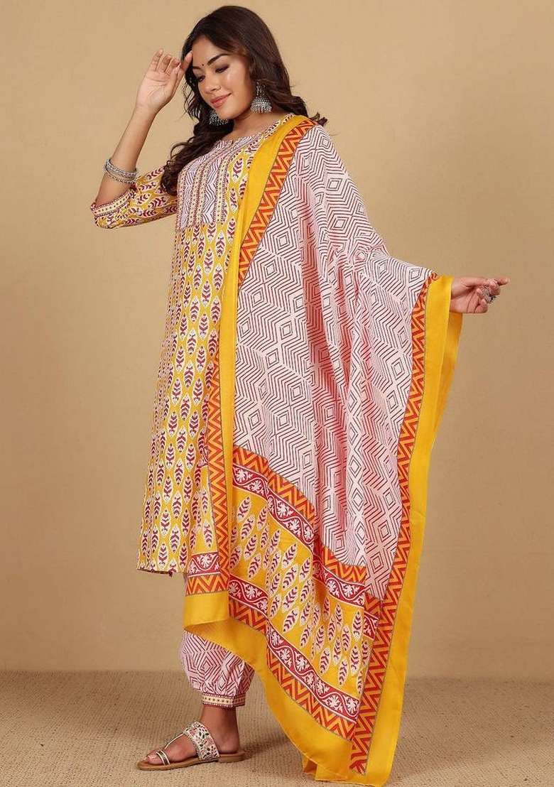 Yellow Printed Cotton Kurta Set - Indya