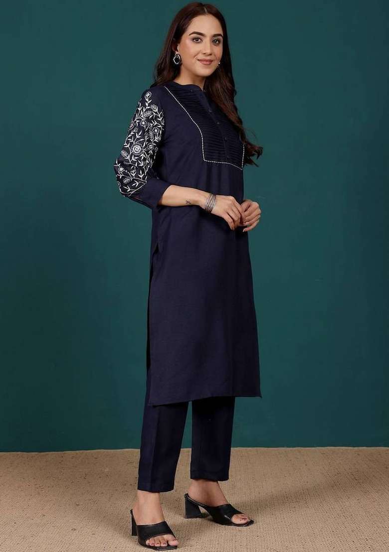 Navy Blue Thread Work Cotton Kurta Set - Indya