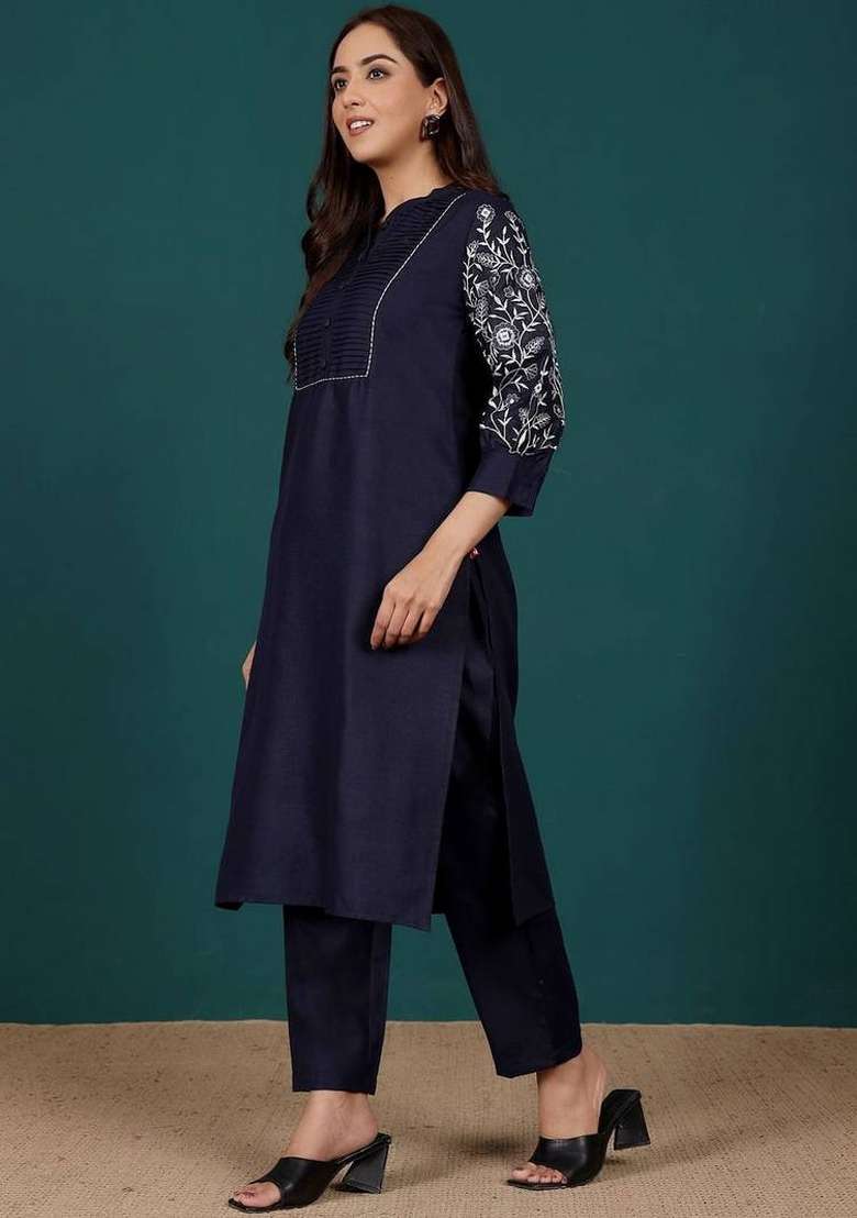 Navy Blue Thread Work Cotton Kurta Set - Indya