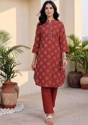 Red Printed Cotton Kurta Set