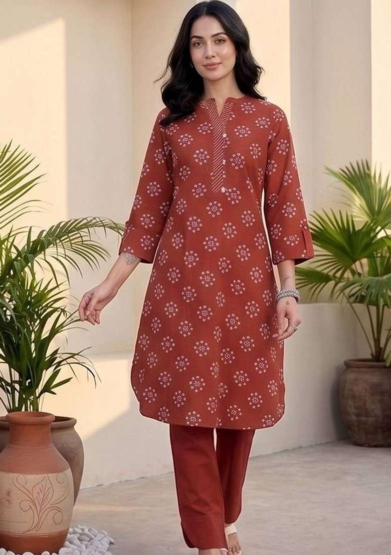 Red Printed Cotton Kurta Set - Indya