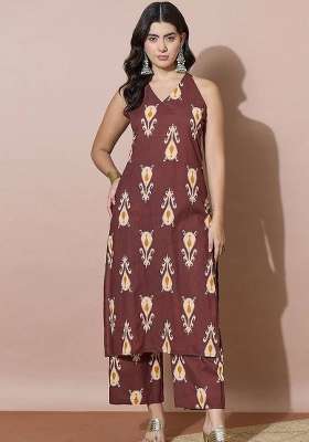 Brown Printed Cotton Kurta Set