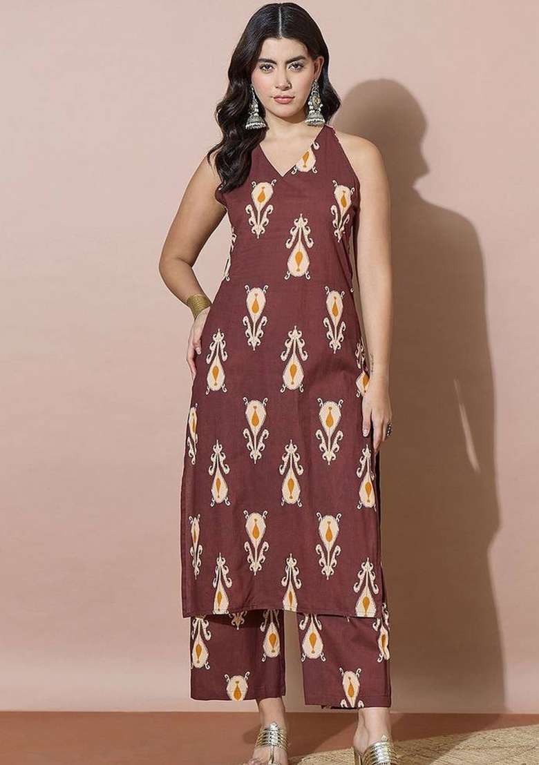 Brown Printed Cotton Kurta Set - Indya