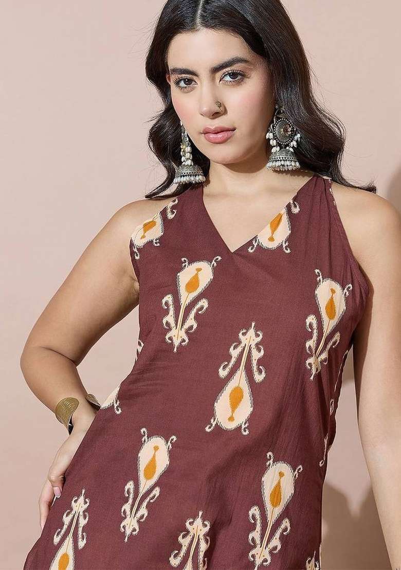 Brown Printed Cotton Kurta Set - Indya