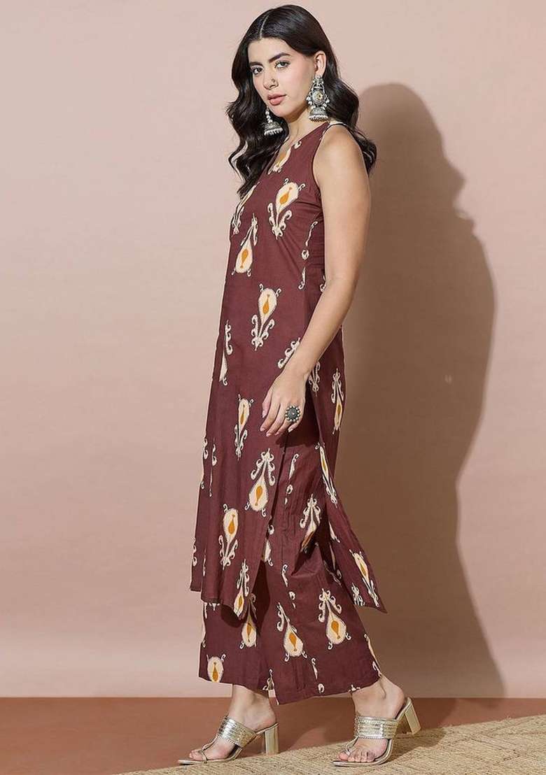 Brown Printed Cotton Kurta Set - Indya