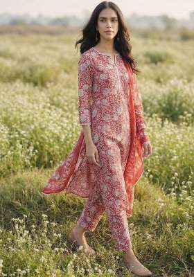 Red Printed Cotton Kurta Set