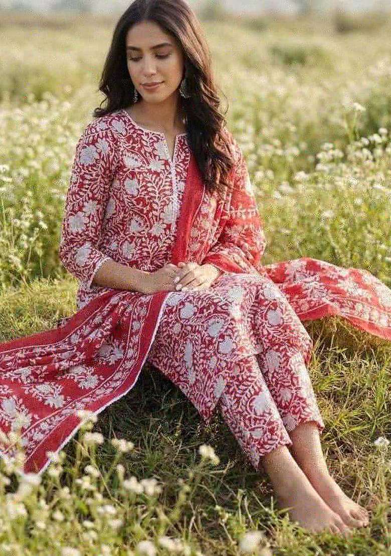 Red Printed Cotton Kurta Set - Indya