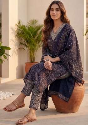Navy Blue Printed Cotton Kurta Set