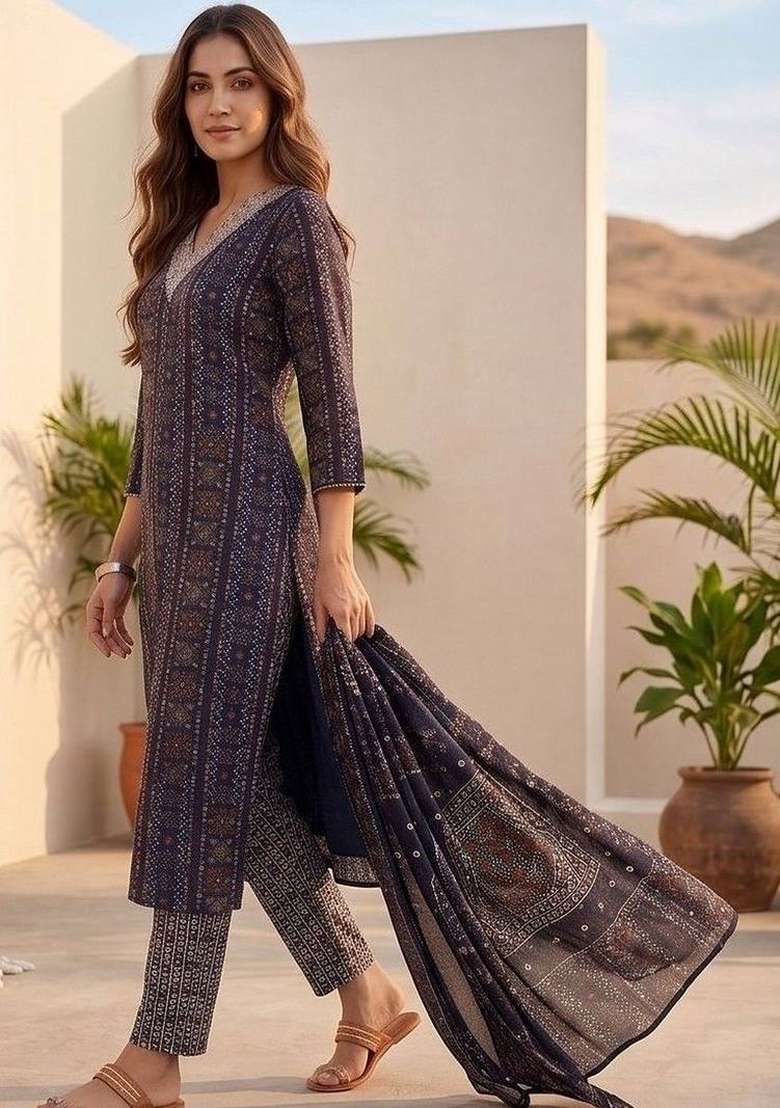 Navy Blue Printed Cotton Kurta Set - Indya