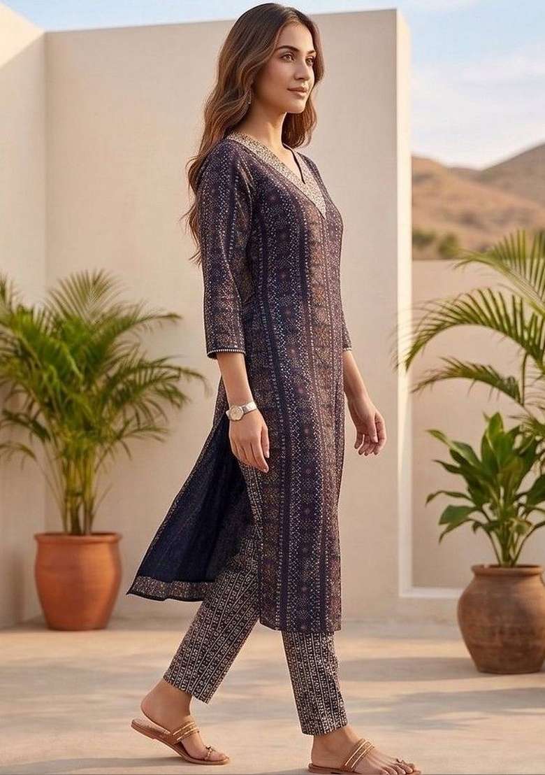 Navy Blue Printed Cotton Kurta Set - Indya
