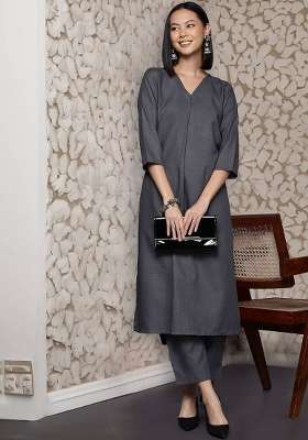 Grey Solid Cotton Kurta Set