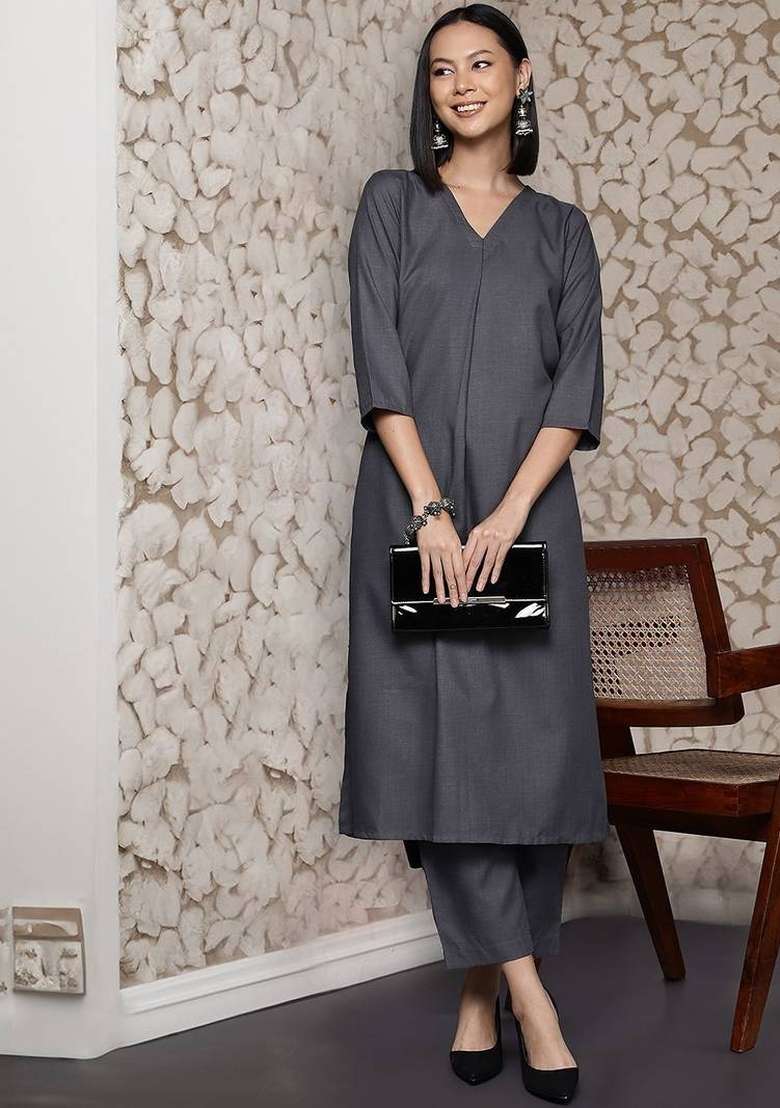 Grey Solid Cotton Kurta Set - Indya