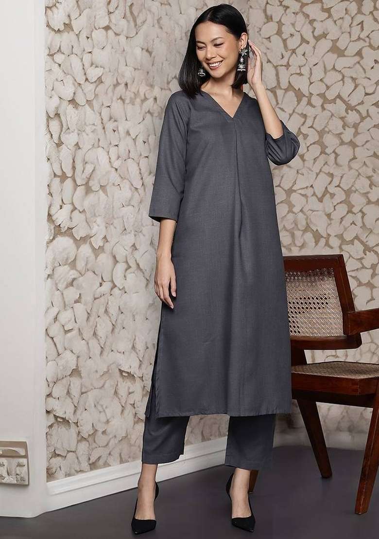 Grey Solid Cotton Kurta Set - Indya