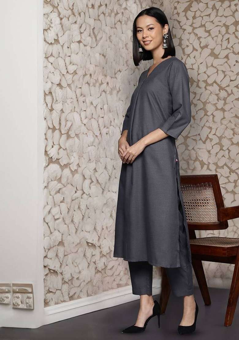 Grey Solid Cotton Kurta Set - Indya