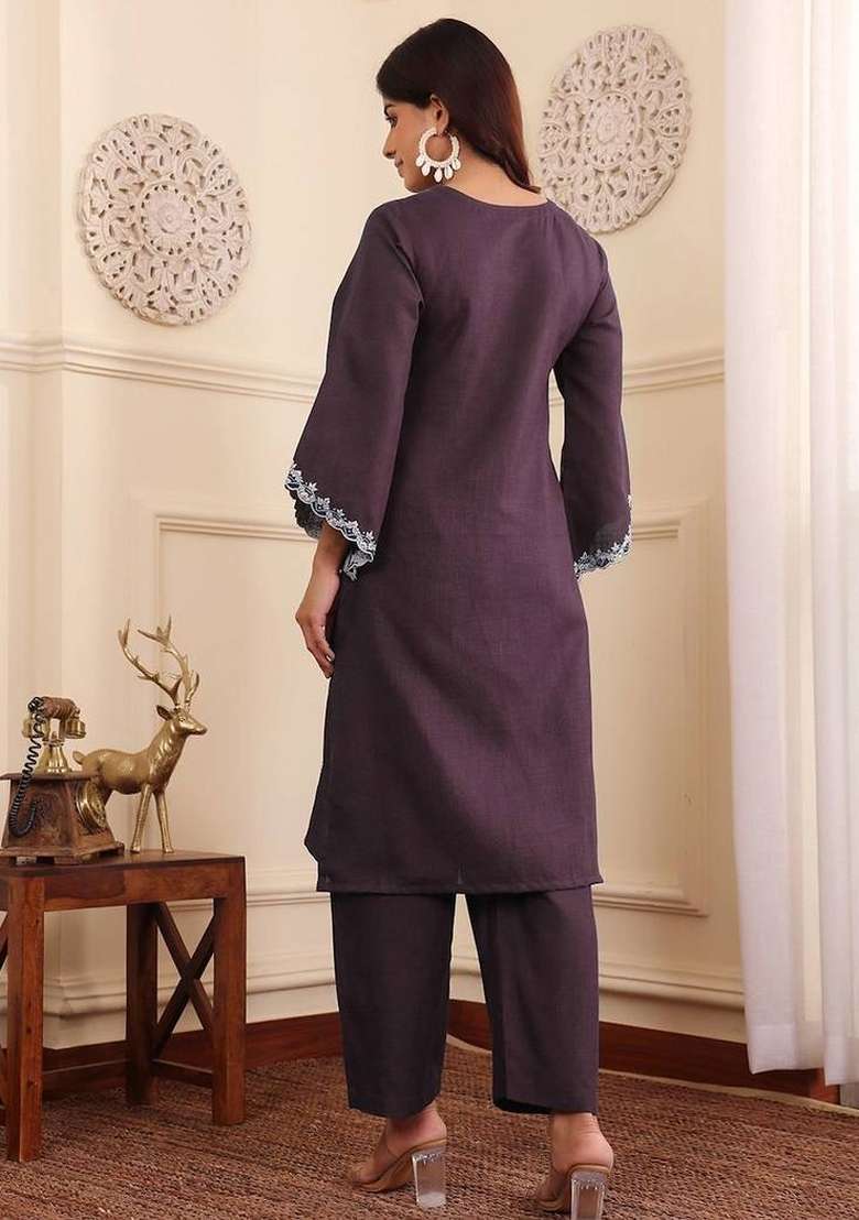 Brown Embroidery Cotton Kurta Set - Indya