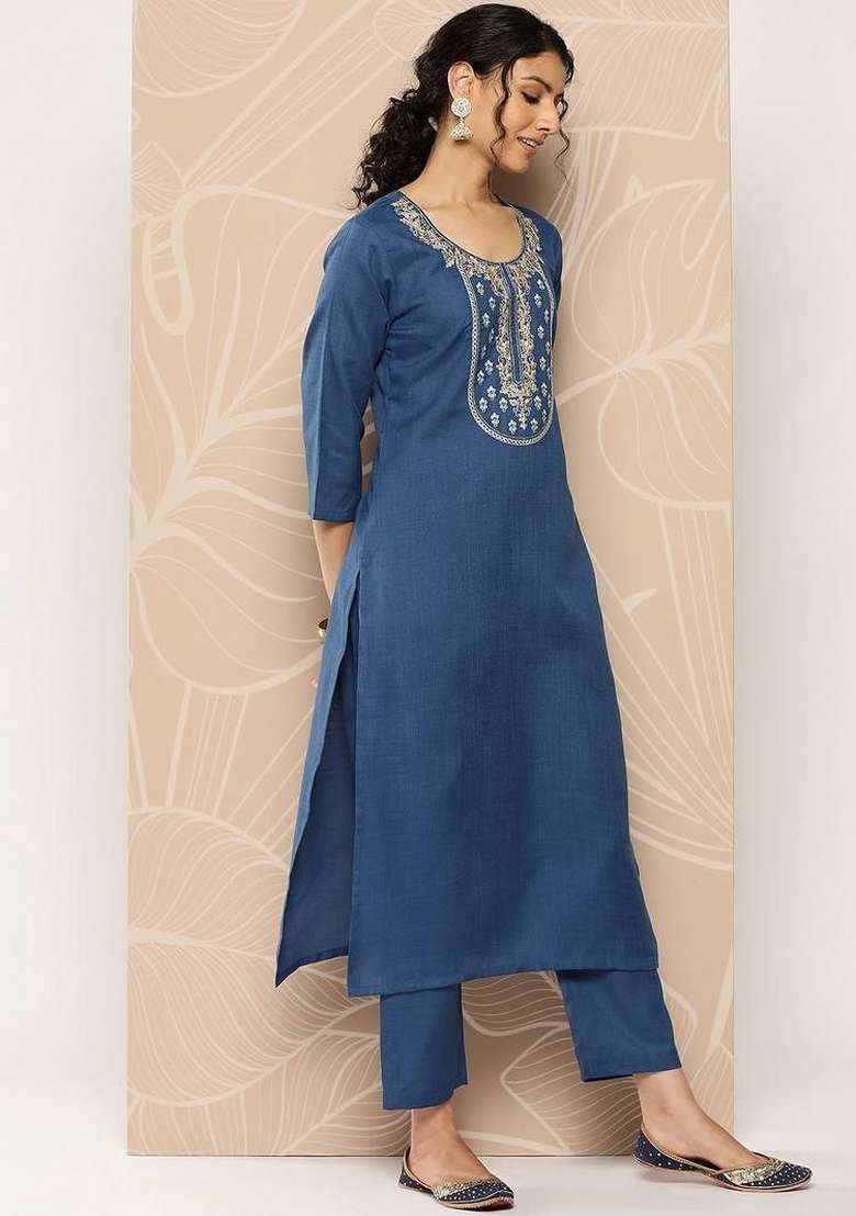 Blue Embroidery Cotton Kurta Set - Indya