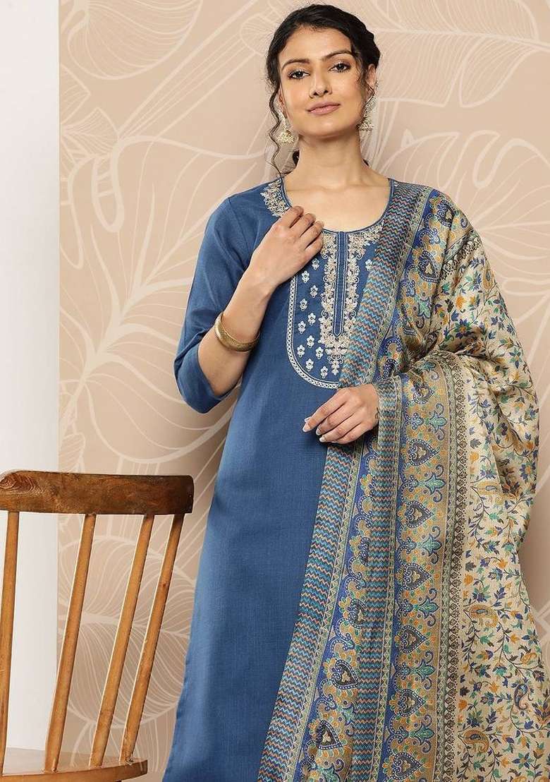 Blue Embroidery Cotton Kurta Set - Indya