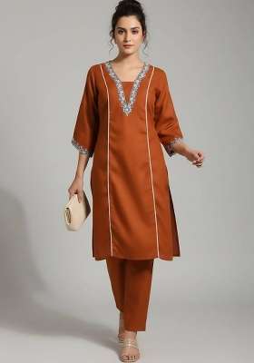 Mustard Embroidery Cotton Kurta Set