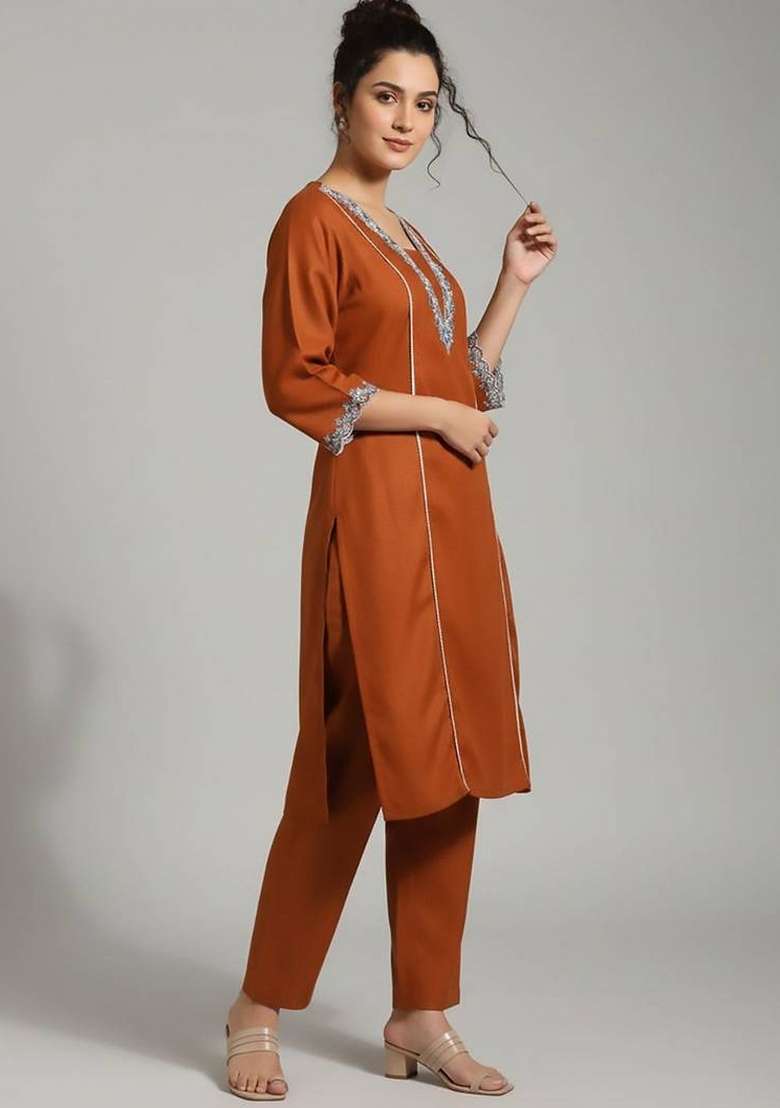 Mustard Embroidery Cotton Kurta Set - Indya