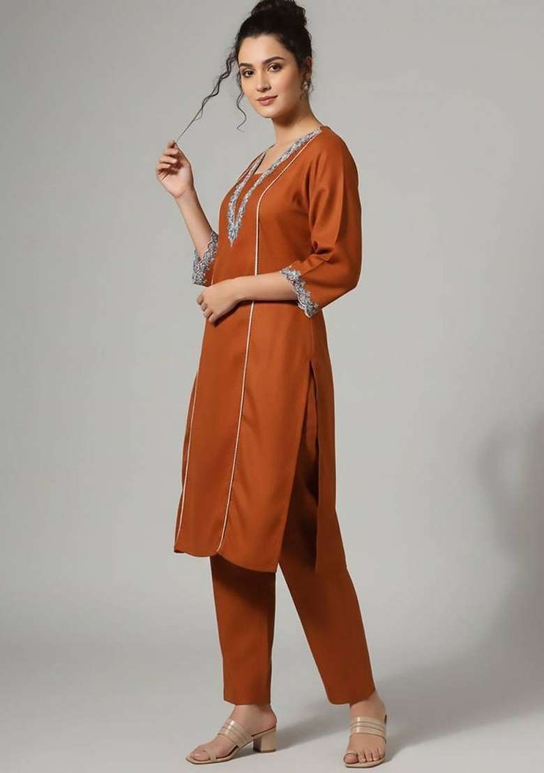 Mustard Embroidery Cotton Kurta Set - Indya