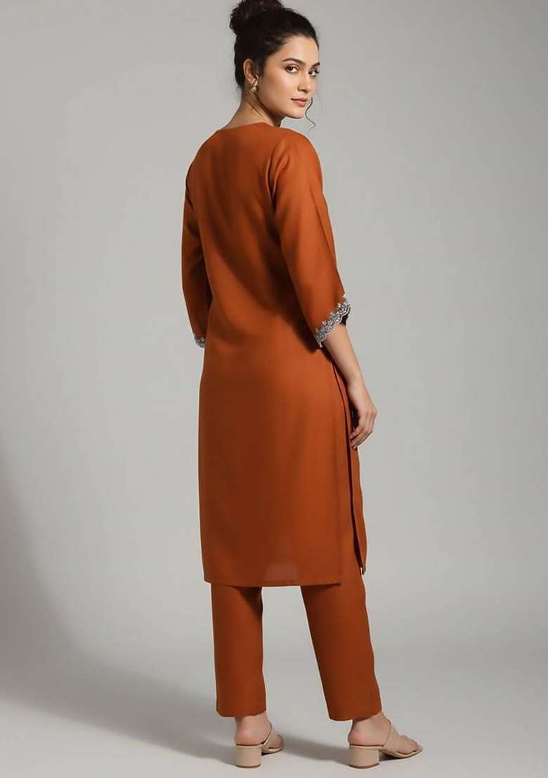 Mustard Embroidery Cotton Kurta Set - Indya