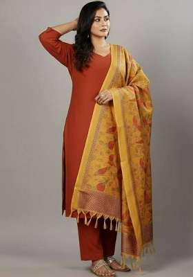 Mustard Solid Cotton Kurta Set
