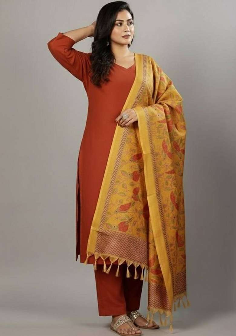 Mustard Solid Cotton Kurta Set - Indya