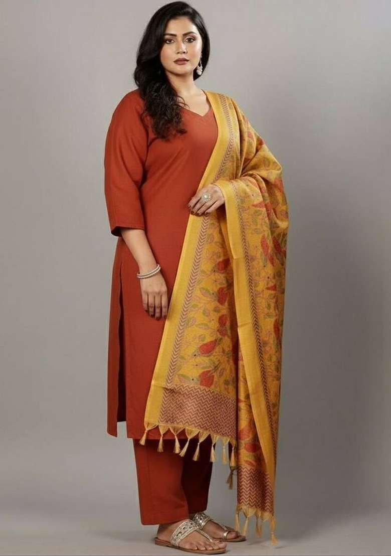 Mustard Solid Cotton Kurta Set - Indya