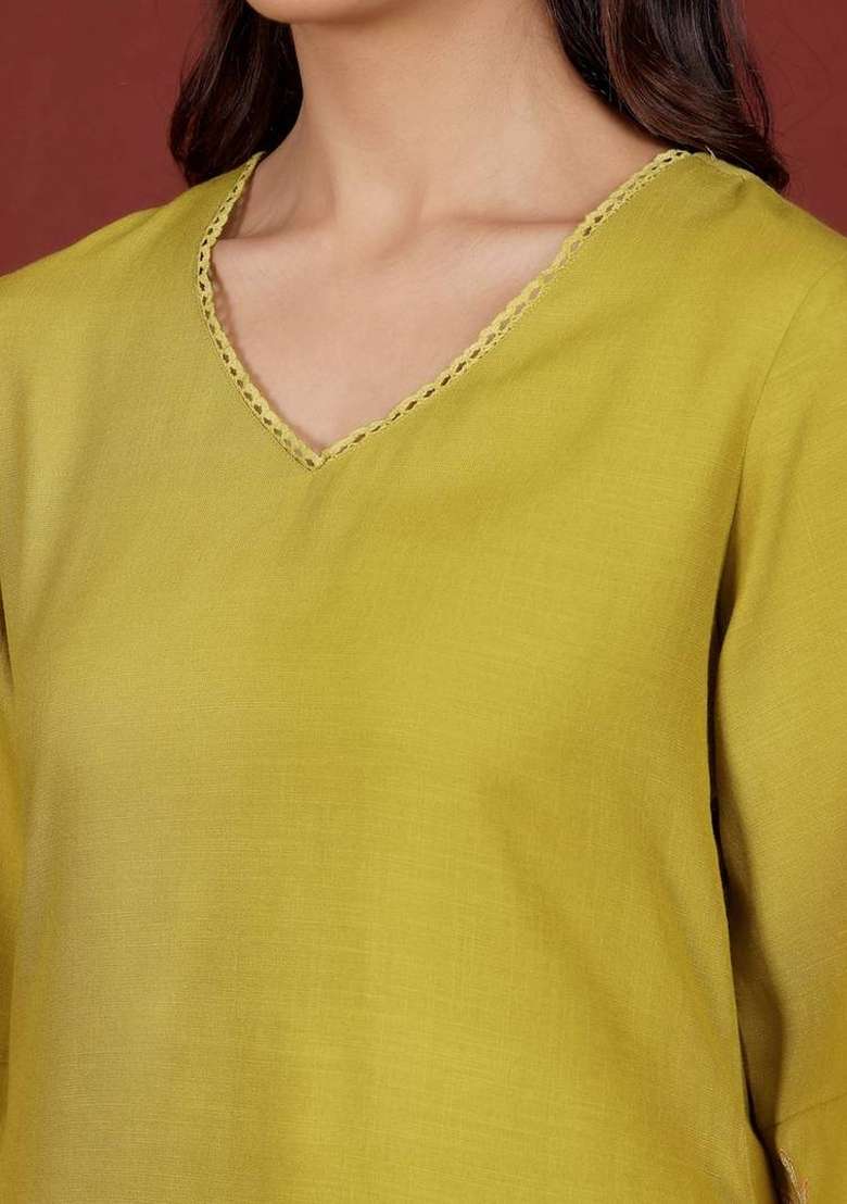 Lime Green Embroidery Cotton Kurta Set - Indya