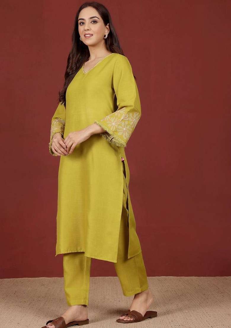 Lime Green Embroidery Cotton Kurta Set - Indya