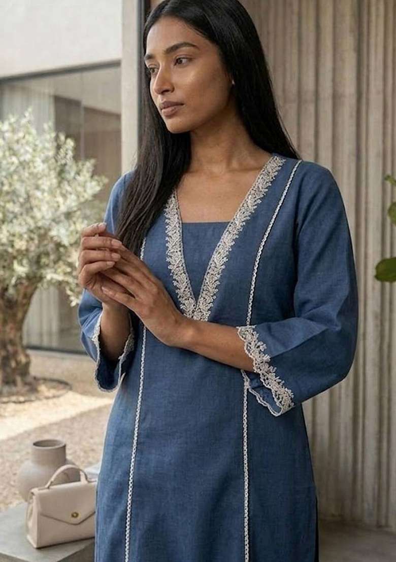 Navy Blue Embroidery Cotton Kurta Set - Indya