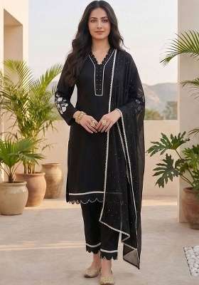 Black Embroidery Silk Kurta Set