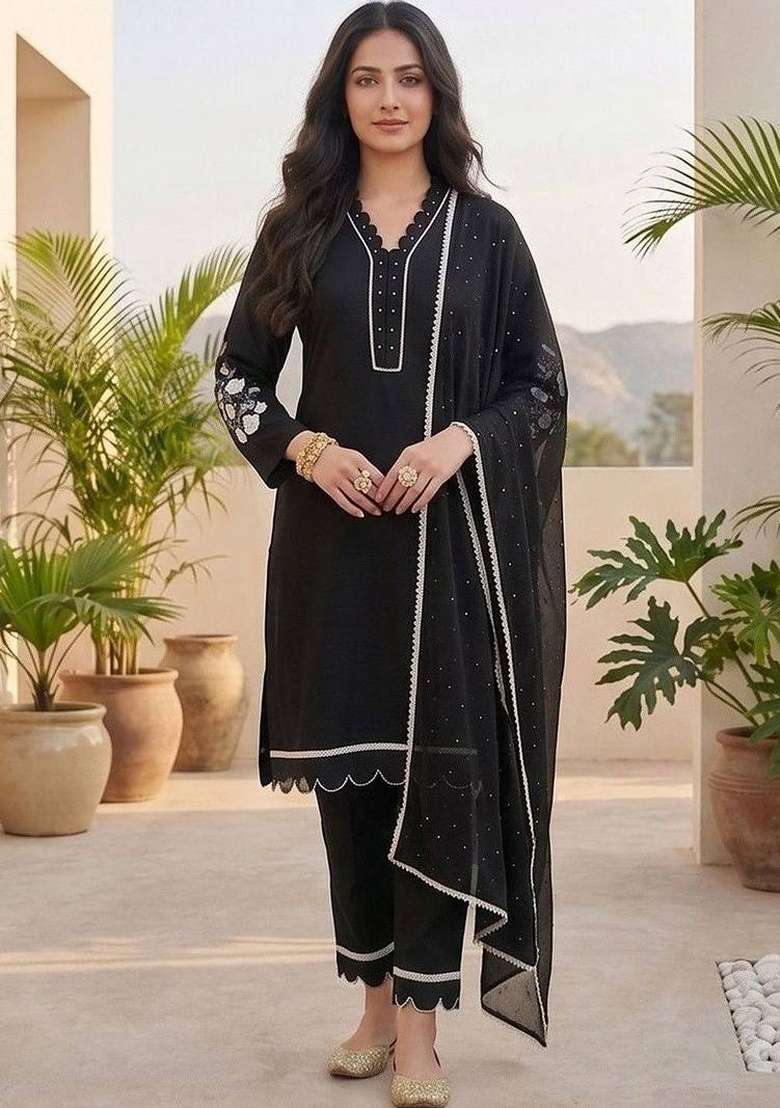 Black Embroidery Silk Kurta Set - Indya