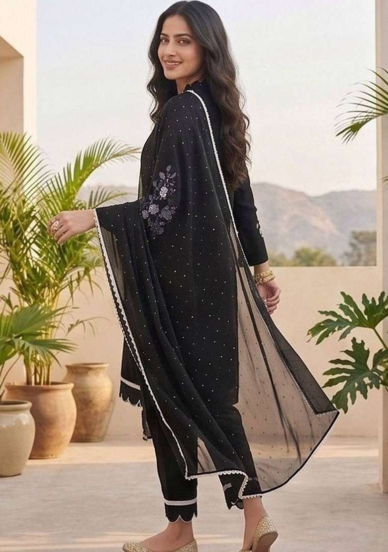 Black Embroidery Silk Kurta Set - Indya