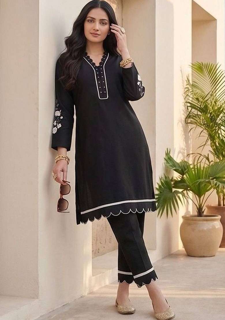 Black Embroidery Silk Kurta Set - Indya