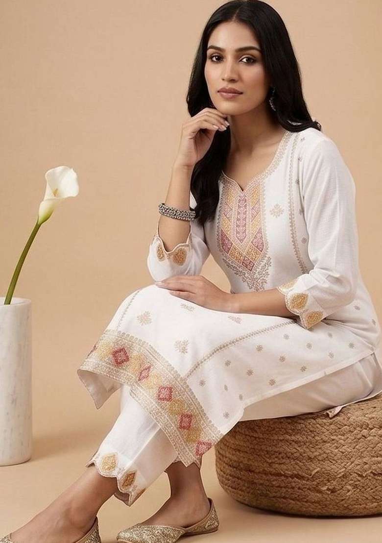 Off White Embroidery Silk Kurta Set - Indya