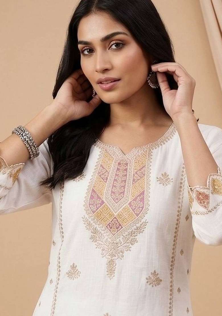 Off White Embroidery Silk Kurta Set - Indya
