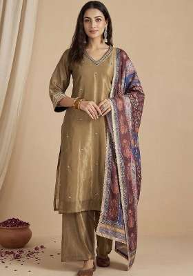 Olive Embroidery Silk Kurta Set