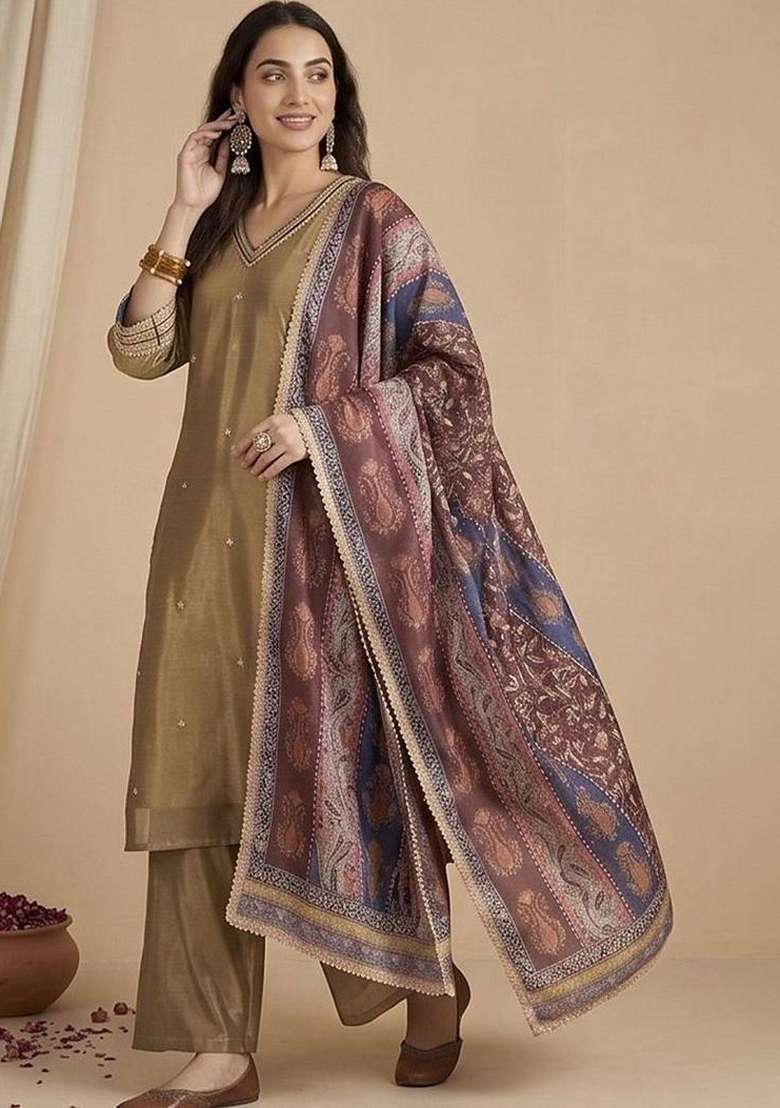 Olive Embroidery Silk Kurta Set - Indya