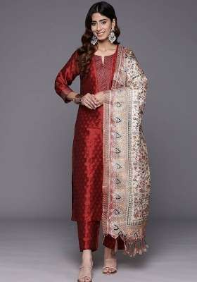 Maroon Printed Silk Kurta Set