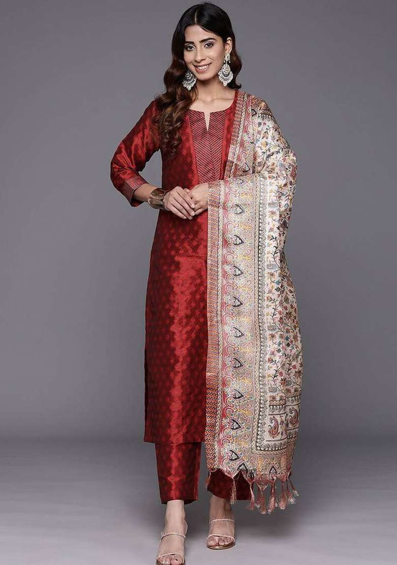 Maroon Printed Silk Kurta Set - Indya