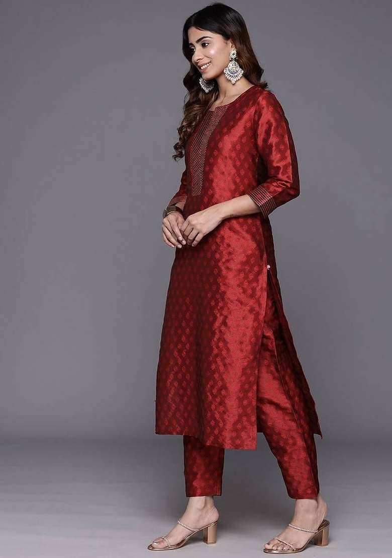 Maroon Printed Silk Kurta Set - Indya