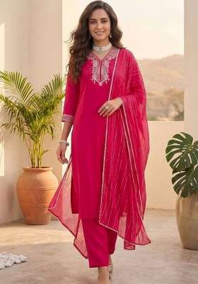 Red Embroidery Silk Kurta Set