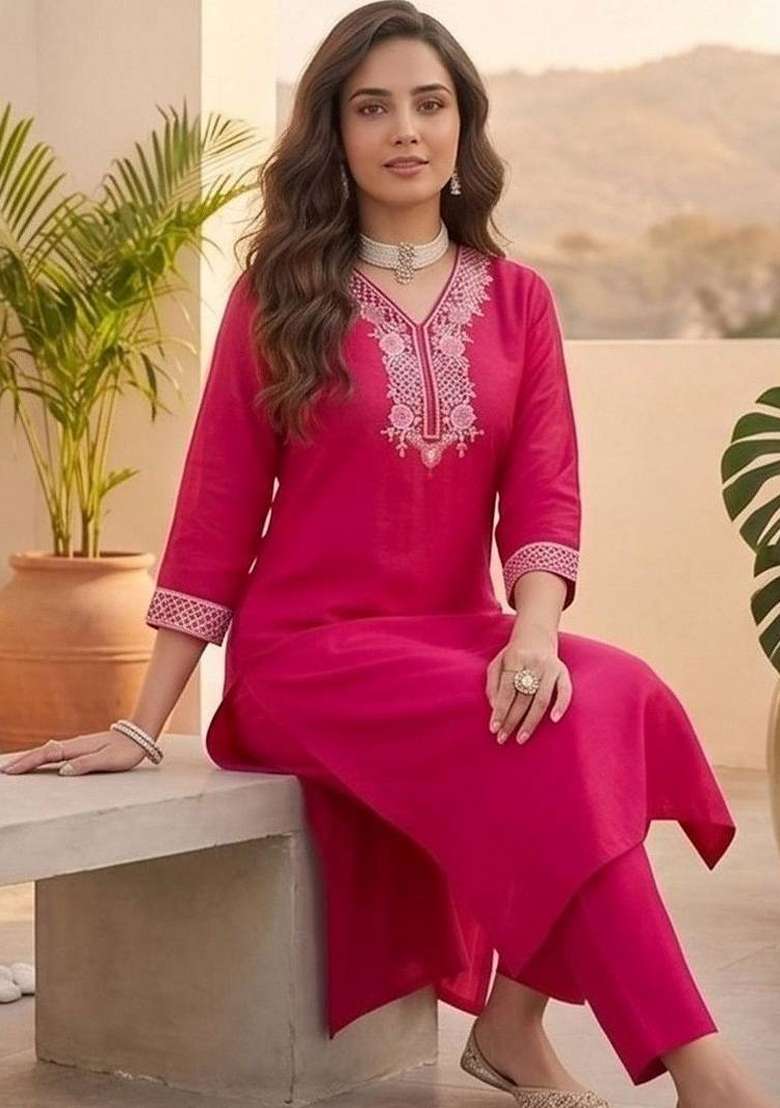 Red Embroidery Silk Kurta Set - Indya