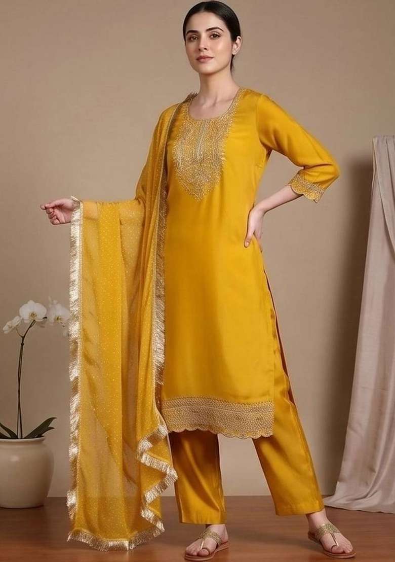 Yellow Embroidery Silk Kurta Set - Indya